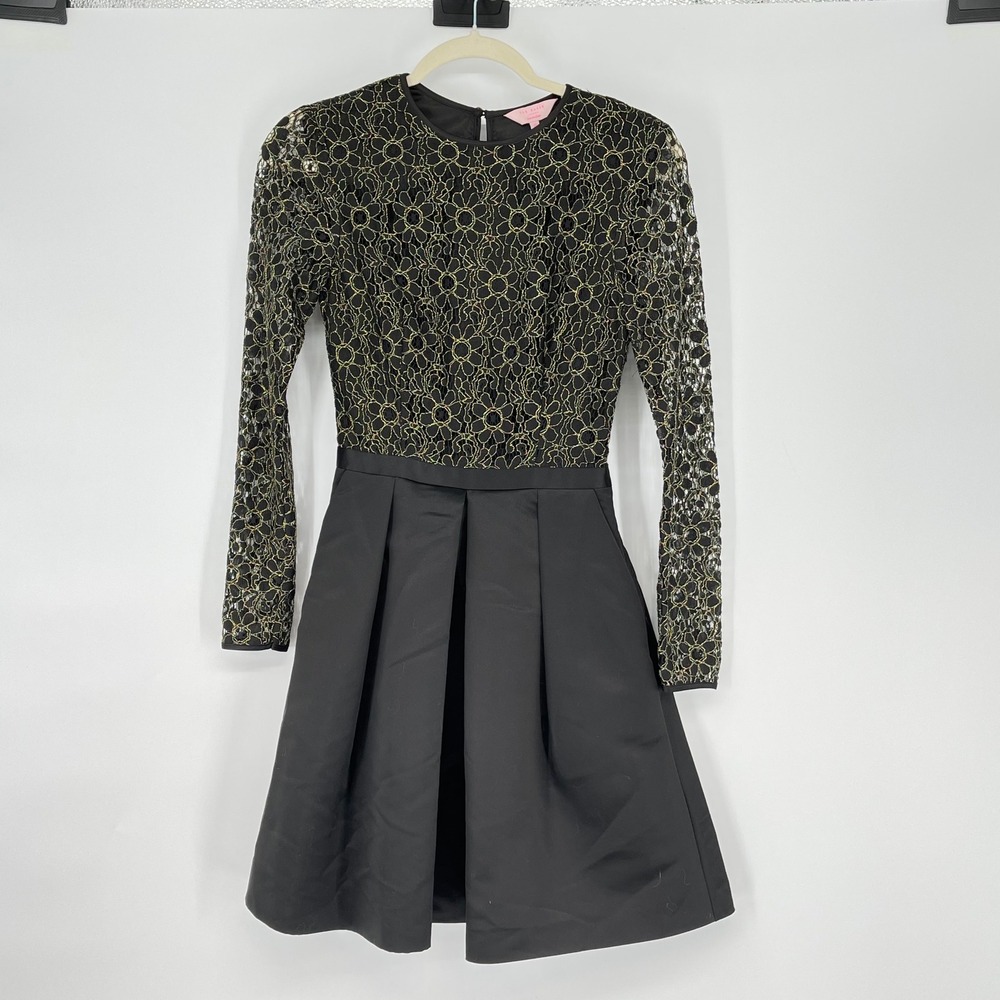 Ted Baker Black Gold Lace Sleeve Long Sleeve Fit Flare‎ Dress Size 0 Cocktail